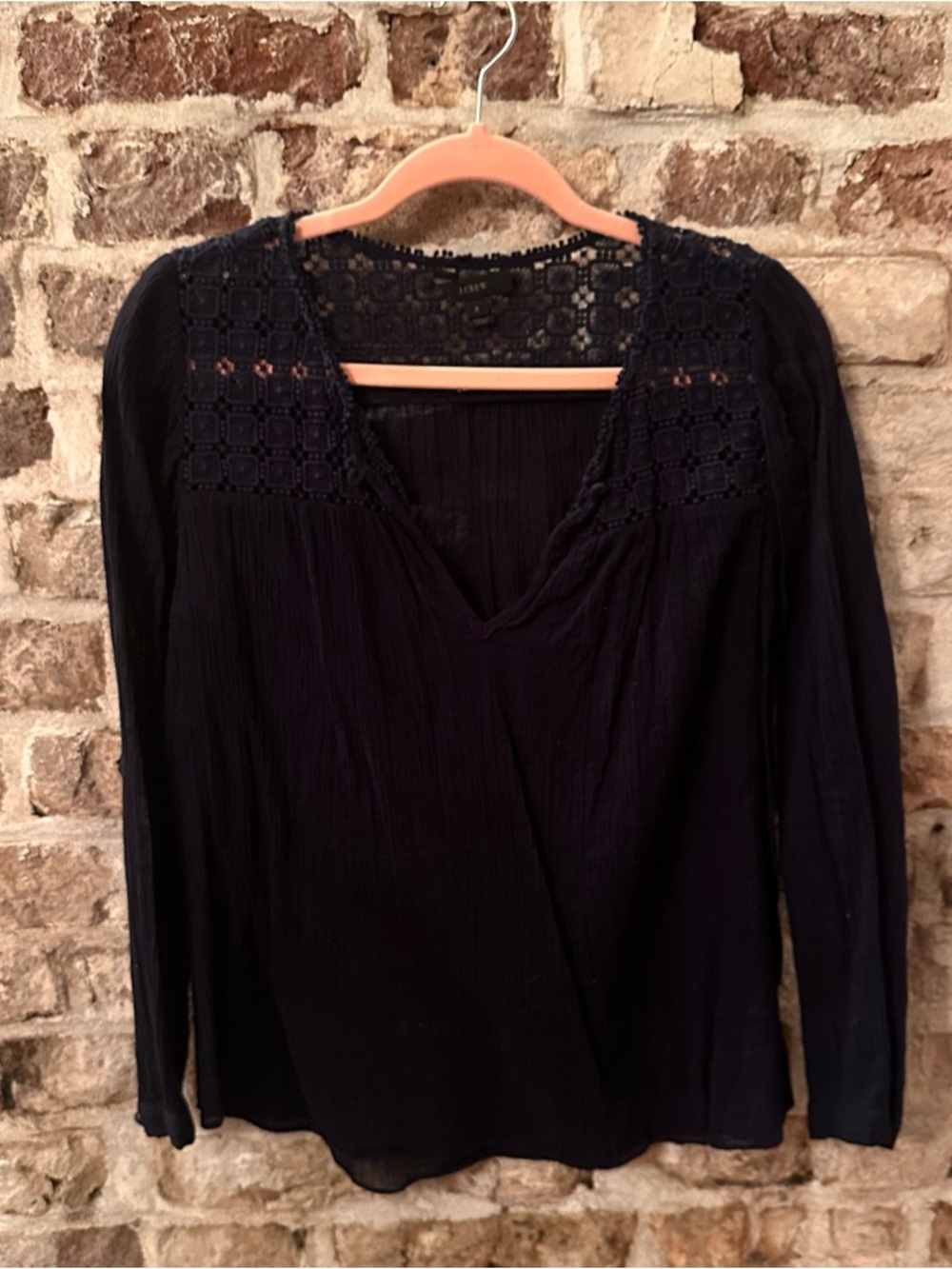 J. Crew Navy Long-Sleeve Blouse with Lace Yoke
